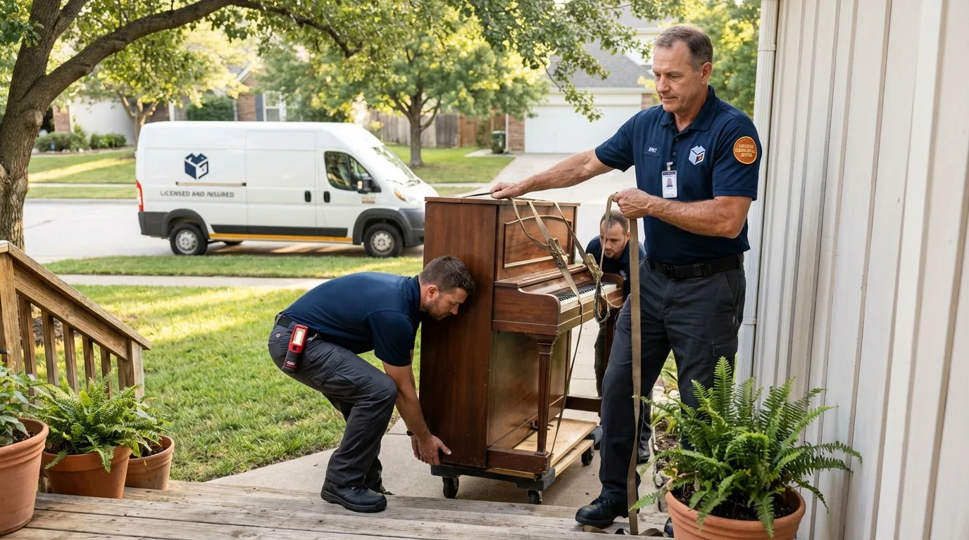 Licensed piano movers securing grand piano in Sheffield Lake, OH