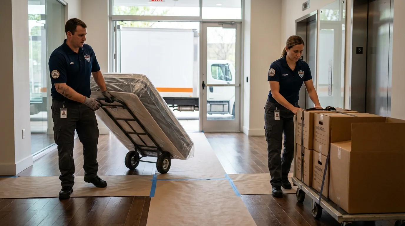 Professional apartment movers loading elevator in Sheffield Lake, OH