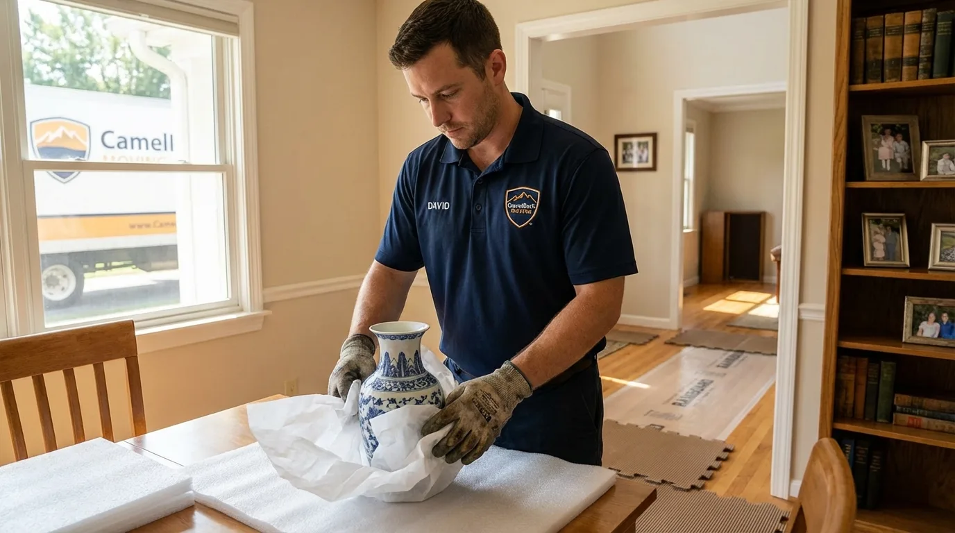 Professional crew carefully wrapping antique vase for senior downsizing move in Sheffield Lake, OH